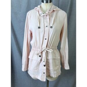 Rachel Roy Womens Pink 100% Linen Hooded Utility Jacket Cinched Waist Snap XS
